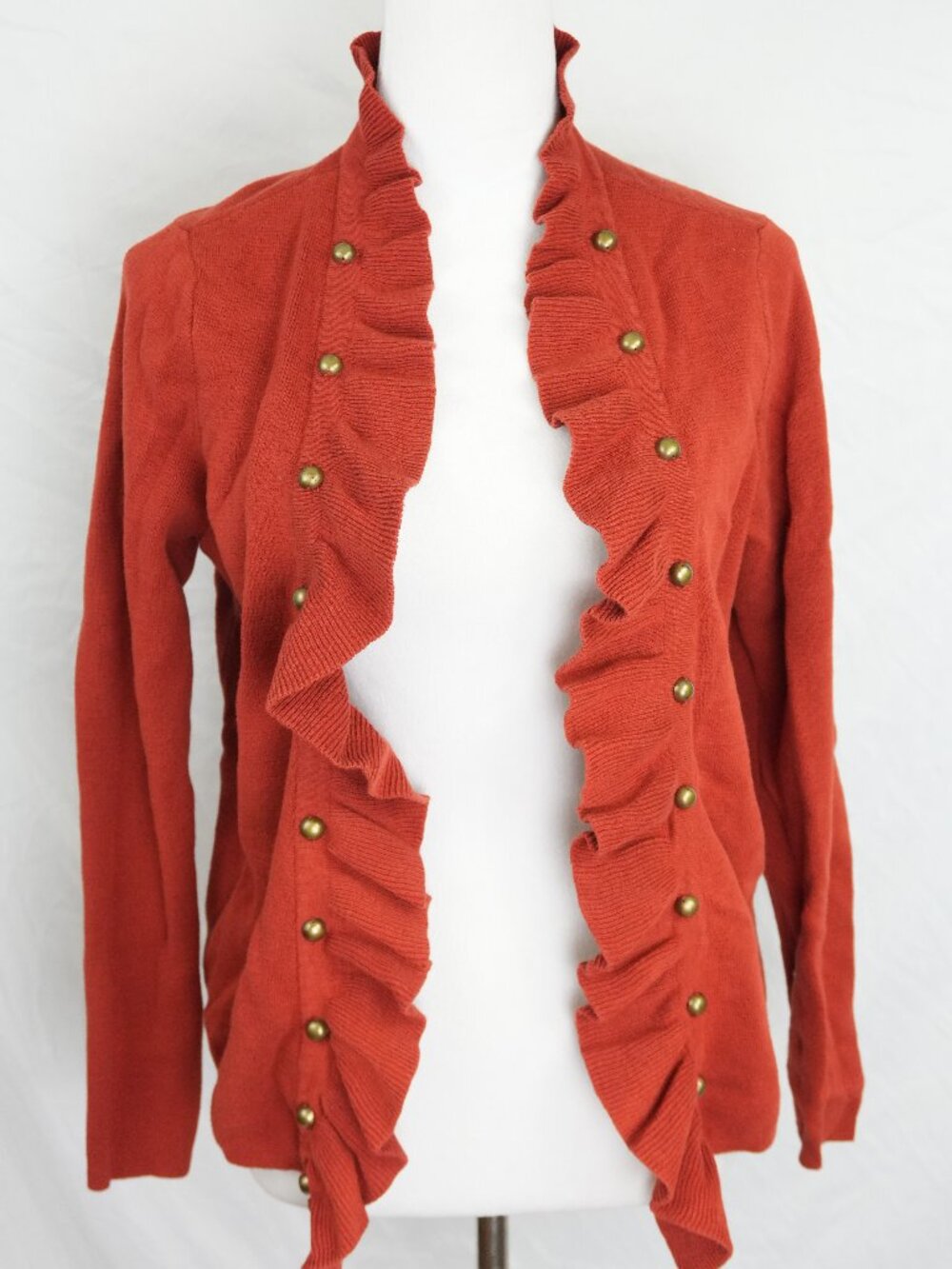 Chico's Womens Size 1 Open Front Cardigan Sweater Button Frill Accents Autumn